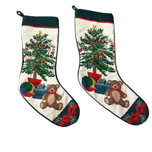 Vintage Toys Tree Needlepoint Christmas Stockings Cross Stitch Bear Ball (2)